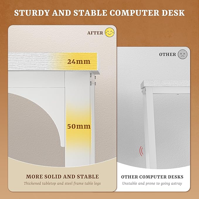 Computer Desk with Monitor Stand &amp 24mm Thicker DesktopGaming Desk with Power Outlets &amp LED LightWhite Writing Desk for Home Office Study Bedroom White