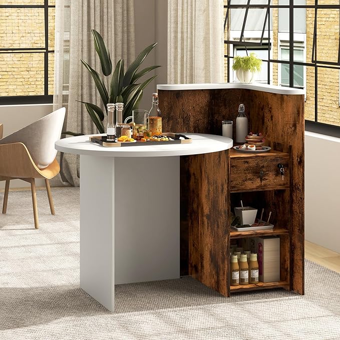 Reception Desk Small Retail Checkout Counter with Lockable Drawer and Open Shelves Wooden Front Desk Reception Counter Oval Desktop &amp L Counter for Store Office Lobby Salon (Brown)
