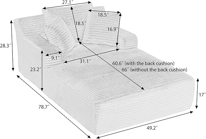 KEIKI 78.7 Oversized Chaise Lounge Indoor Modern Corduroy Boneless Couch with Pillows Deep Seat Sleeper Sofa Bed No Assembly Perfect for Apartment &amp Studio Spaces
