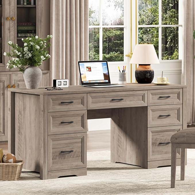 Vabches Farmhouse Executive Desk with File Drawer Home Office Desk with Ample Storage Rustic Office Desk with Spacious Tabletop for Work Grey