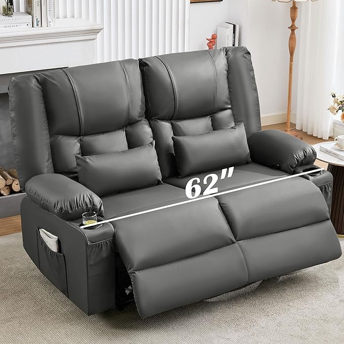 Grey Leather Reclining Loveseat with Massage/Heat/Pillow/USB/Cup Holders Oversized Loveseat Recliner for Living Room Manual Reclining Sofa for Adults 700 Lbs Capacity (Grey)