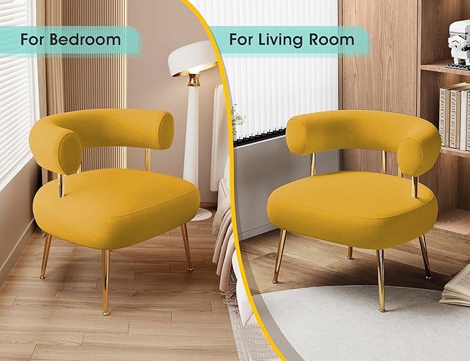 Modern Velvet Accent Chair Round Upholstered Barrel Armchair for Small Spaces Fluffy Side Corner Sofa Chair for Living Room Bedroom(Yellow)