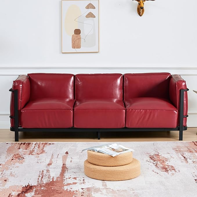 2 Piece Living Room Sofa set Mid-Century Modern Upholstered Couch Chair Faux Leather Sofa Couch with Iron Frame and Upholstered Armrest Backrest Cushion for Living Room Office Apartment (Burgundy)