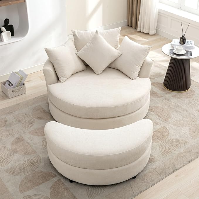 Yoglad Oversized Round Swivel Accent Chair - Modern 360 Degree Barrel Chairs with Storage Ottoman for Living Room Bedroom(Chenille- Cream)