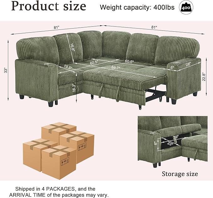 81 Convertible L Shaped Sleeper Sofa Couch with Pull Out Sofa Bed Sleeper Bed with Oversized Storage USB Ports &amp Cup Holder Sectional Couches for Living Room Green Corduroy