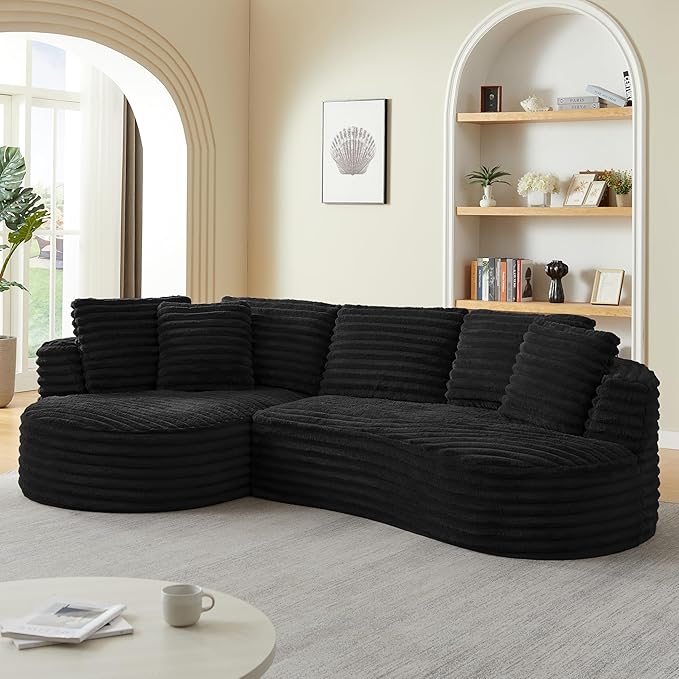 Modern Boneless Curved Sectional Sofa Oversized Minimalist L-Shape Corduroy Sponge Sofa with Round Chaise Comfy Sleeper Couch for Living Room Apartment Reception Spaces 4 Seat Black Left Chaise