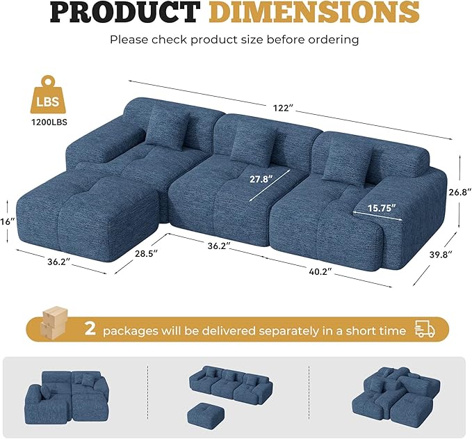 122 Modern L Shaped Modular Sectional Sofa Boneless Couches for Living Room with Ottoman4 Seater Convertible Chenille Cloud Couch Sofa Set No Assembly Required Blue 1 PCS