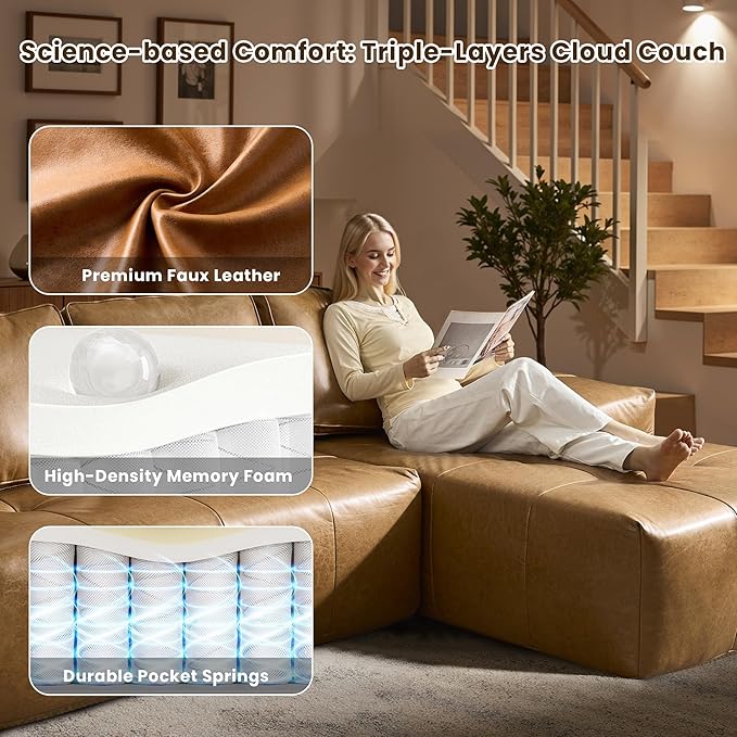 114 Cloud Sectional Couch with L-Shape Chaise &amp Ottoman Modern Boneless Couches for Living Room Fluffy Tufted Deep Seat Modular Sofa No Assembly (Faux LeatherBrownRight Facing)