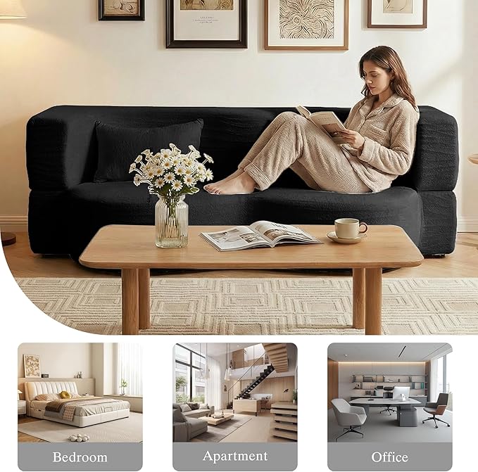 2-in-1 Folding Convertible Sofa Bed - 78 Inch Boneless Teddy Loveseat Sleeper Foldable Floor Futon Couch with Pillow Pull-Out Modular Matress for Small Spaces (Living Room/Bedroom/Dorm) (Black)