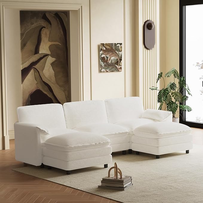 114 U Shaped Cloud Couch Sectionals Comfy Beige White Sectional Couches for Living Room Modern Fluffy Oversized Modular Sofas with Ottoman Chenille Large Big 5 Seat Sofa Set