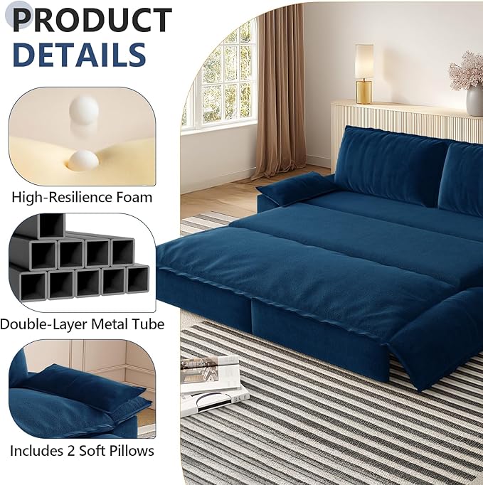 73.2 Queen Size Sofa Bed 3 in 1 Convertible Pull Out Sleeper Sofa with Thicked Cushions and Side Storage Velvet Loveseat Couch for Home Living Room Bedroom Apartment Lounge Small Spaces Blue