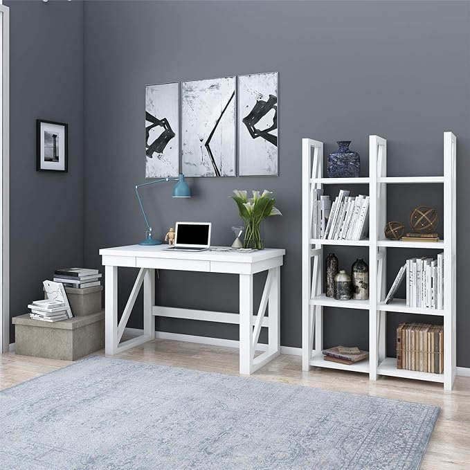 Computer Desk White MDF Modern Writing Desk with Storage Drawer Rectangular 47.5x23.5x30 Inch Home Office Workstation