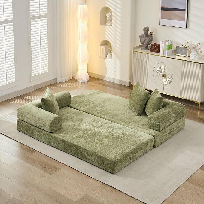 Convertible Folding Sofa Bed Modular Floor Couch 78.8‘’ Cloud Sleeper Sofa with Removable Backrest Chenille Foldable Mattress Couch Lazy Loveseat for Small Space Apartment Bedroom Green