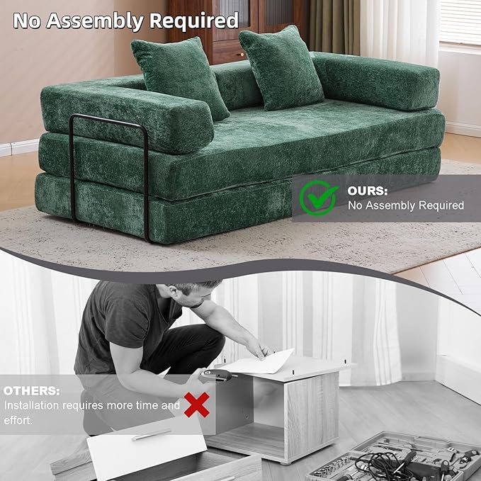 Convertible Floor Sofa Bed Fold Out Floor Couch with Pillow Back &amp Armrest Compressed Couch with Fixed-Shape Frame Chenille Foldable Sleeper Sofa Bed for Living Room Bedroom Dark Green
