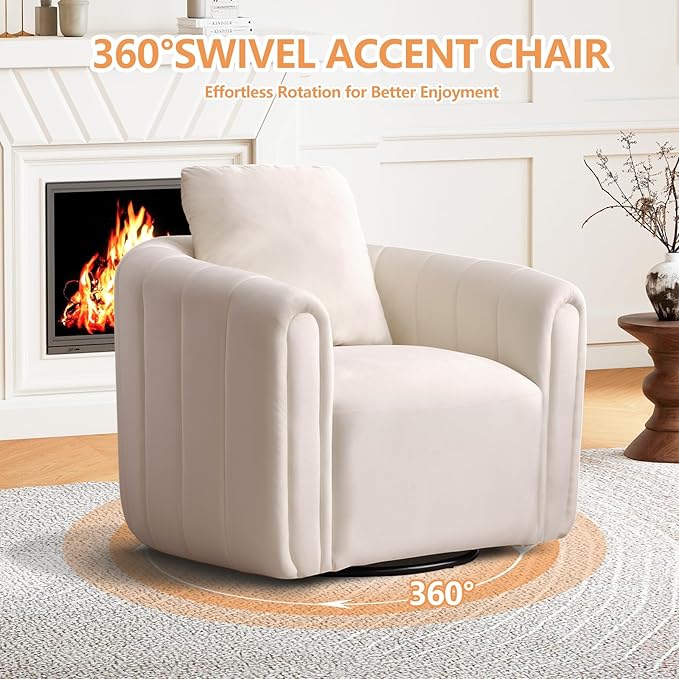 CANMOV Swivel Accent Chair Set of 2360-degree Swivel Barrel Chair with Curve Backrest Comfy Velvet Pumpkin-Shaped Round Armchair Modern Single Sofa for Living RoomBedroomWaiting RoomWhite