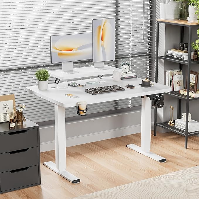 Shahoo Electric Standing Desk with Monitor Shelf 47 x 24 Inches Height Adjustable Corner Table Computer Workstation with Cup Holder and Hook for Home Office White 47x24 Inch