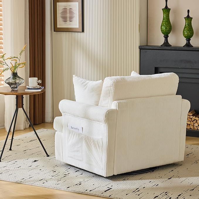 39 Oversized Armchair360°Swivel Accent ChairComfy Upholstered Corduroy Chairs W/2 Pillows and 2 Side PocketsModern Side Reading Seat for Living RoomBedroom and Office (Beige)