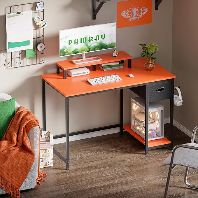 Pamray 39 Inch Computer Desk with Monitor Stand Small Home Office Desks with Non-Woven Storage Drawer for Bedroom Study Table Writing and Work Desk Orange