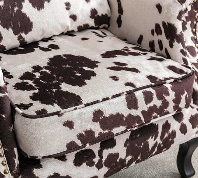 Mid Century Modern Accent Chair Upholstered Armchair Comfy Western Fabric Single Sofa with Lined Wingback for Small Spaces Bedroom Living Room Cow 30.1D x 30.5W x 35H in