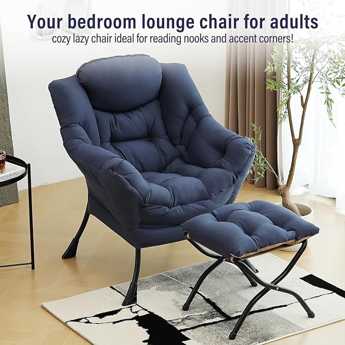 Lazy Chair with Ottoman Modern Accent Chairs with Folding Footrest Navy Blue Sofa Chair Set Comfortable Reading Chairs Oversized Armchairs for Bedroom Study Living Room Courtyard