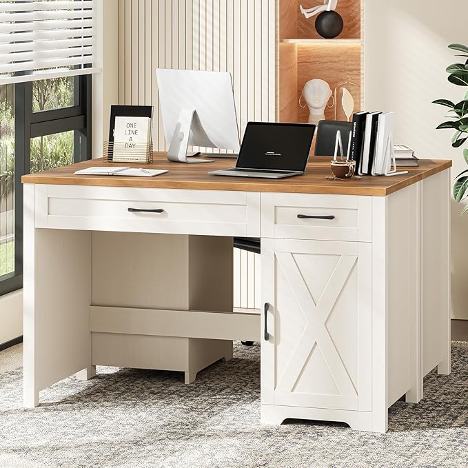 Vabches Farmhouse 47 Executive DeskComputer Desk with Drawers and Storage Cabinet Home Office Desk for Work and Study.