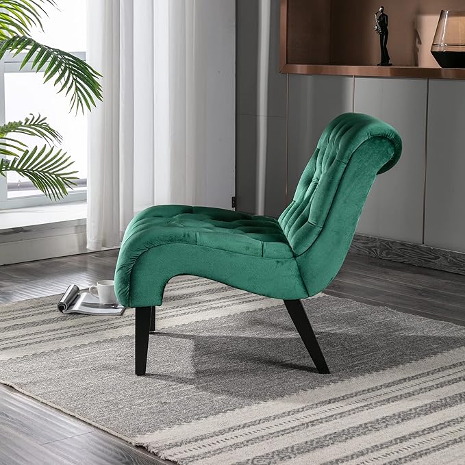 Yoluckea Modern Upholstered Accent Chair S-Shape Armless Lounge Chair for Bedroom Living Room Comfy Velvet Chaise Chairs with Button Tufted Back and Solid Wood Legs Green