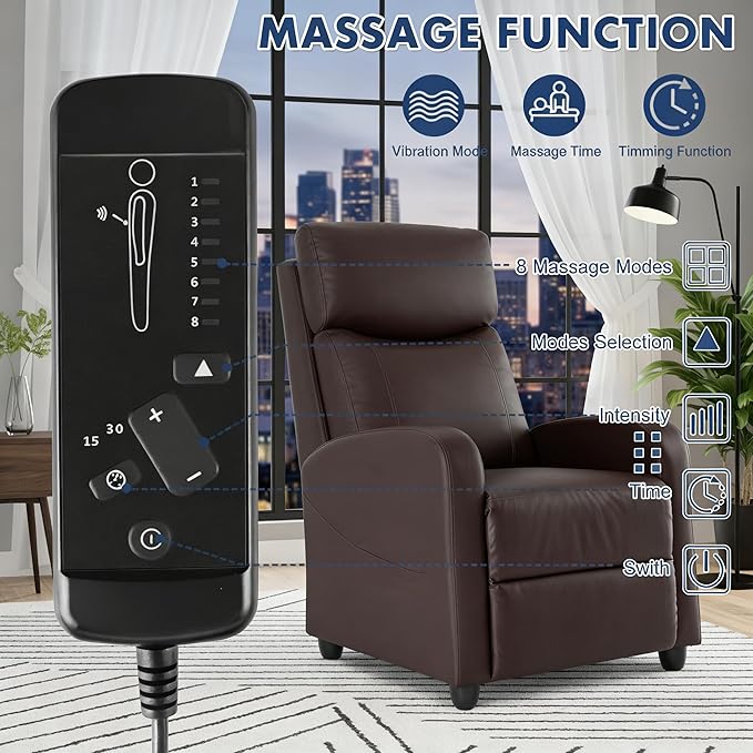 Simple Deluxe Massage Recliner Chair - Adjustable PU Leather Recliner Luxe Reading Chair &amp Sofa Chair for Living Room Chairs or Bedroom Chair Small Recliner for Home Theater Brown