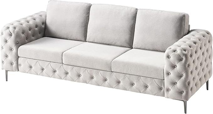 VanAcc Modern Sofa 92 inch 3 Seater Sofa with Stylish Thick Armrest Upholstered Button Tufted Couch for Living Room Apartment Linen Beige Oversized Couch