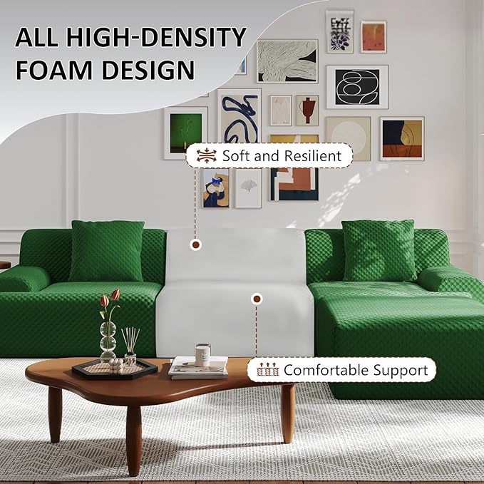 113 Modular Sectional Sofa Upholstered 3-Seater Sofa with Movable Ottoman Oversized 4-Seater Couch with 3 Throw Pillows High-Density Foam No Assembly Free Combinations