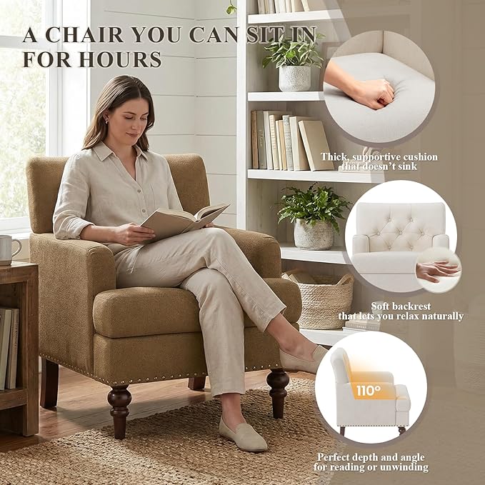 Upholstered Accent Chair with Thick Cushion High Back Reading Chair Linen Blend Armchair with Solid Rubberwood Legs for Living Room Bedroom Reading Apartment &amp Small SpacesBrownSet of 2