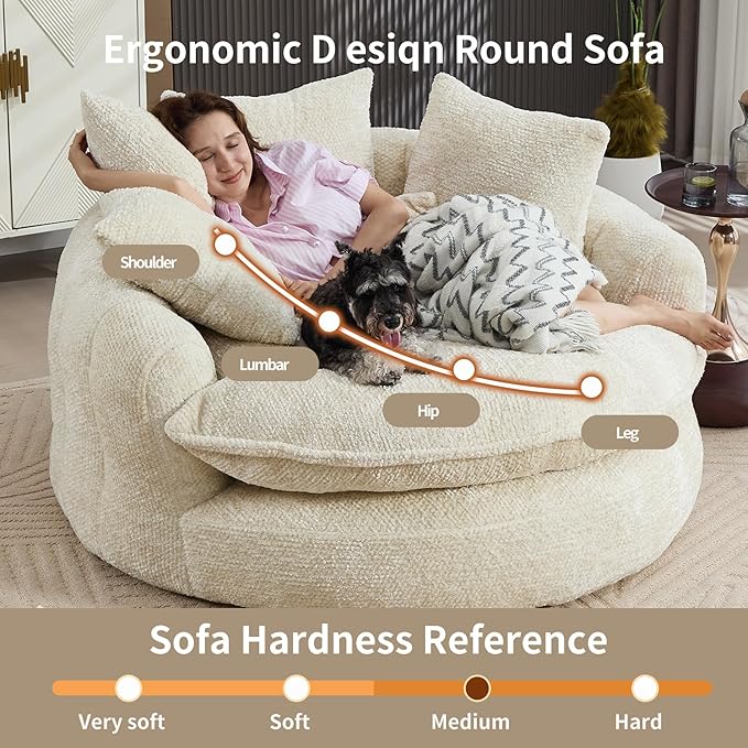 55 inch Oversized Round Chair Fluffy Chenille Boneless Sofa with Extra Deep Seat for Living Room Lounge (Beige)
