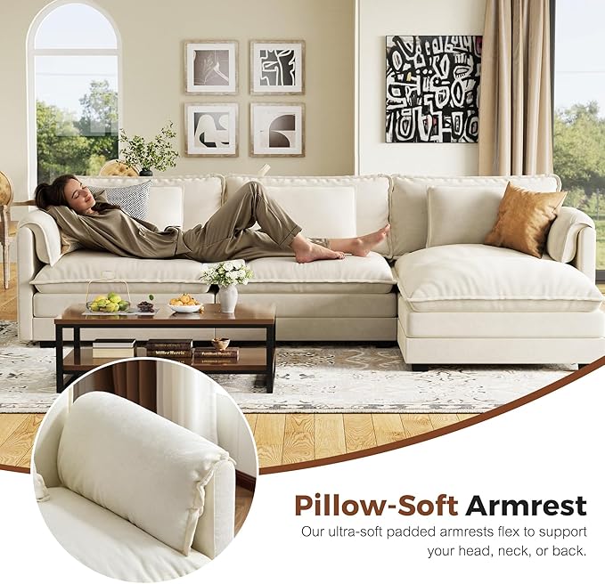ABCASA Oversized 150 U Shaped Couch Modular Sectional Sofa 6-Seat Comfy Cloud Couch with 4 Pillows Deep Seat Couches for Living Room Bedroom and Apartment Chenille Beige