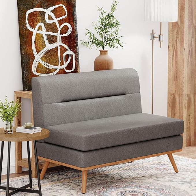 Aklaus Upholstered Small loveseatFaux Leather Modern Mini Sofa Couch Love Seat Armless Settee Bench with Back for Living Room Bedroom Office Small Space Entryway Grey