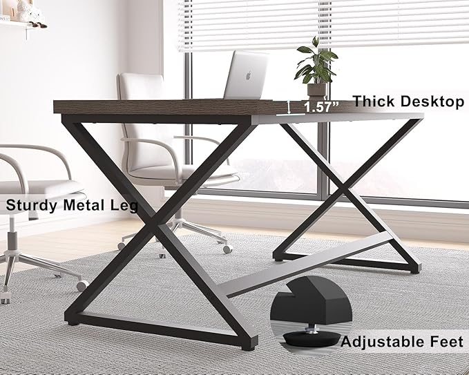 IBF Grey Home Office Desk Modern Computer Desk for Writing Study Wood Metal Rustic Pc Gaming Executive Work Desk Industrial Workstation Computer Table in Bedroom Dark Gray Oak 55 Inch