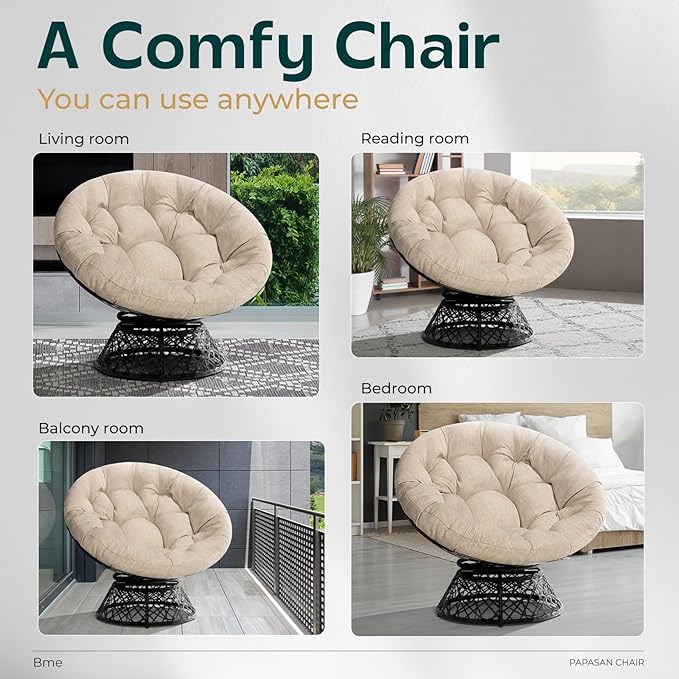 Bme 40 Ergonomic Wicker Papasan Chair with Soft Thick Cushion &amp Frame 360° Swivel Circle Reading Comfy Chair for Living Room Bedroom