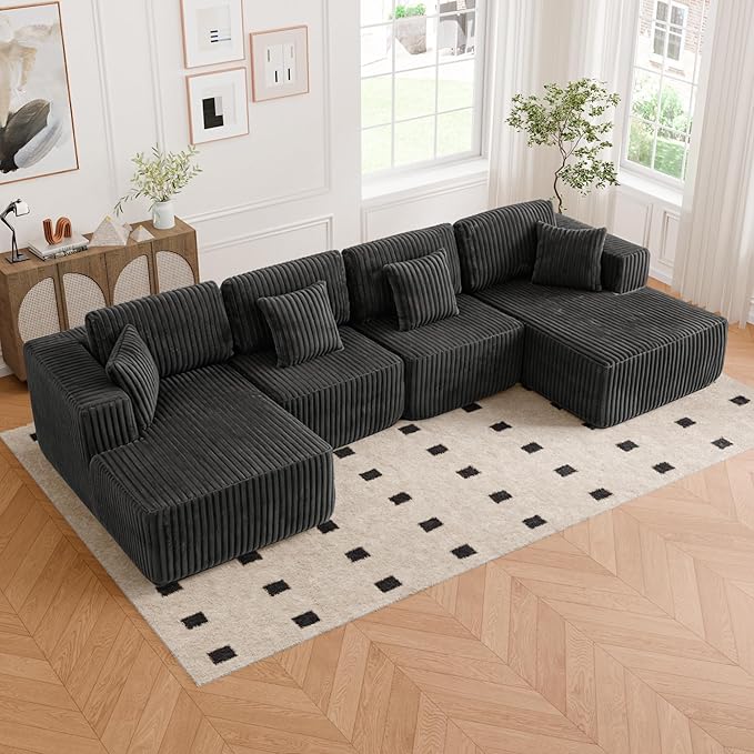 132 U Shaped Couch Oversized Modular Sectional Sofa with Chaise Corduroy U Shaped Couch with Deep Seat Boneless Couches for Living Room No Assembly Required Gray