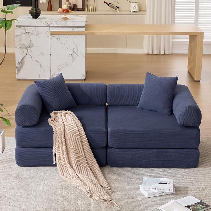 73 Convertible Modular Folding Sofa Bed 5-in-1 DIY Combination Fold Out Sleeper Sofa Bed Loveseat sleeper Couch with Removable Armrests Corduroy Floor Couch Small couches for small spaces Blue