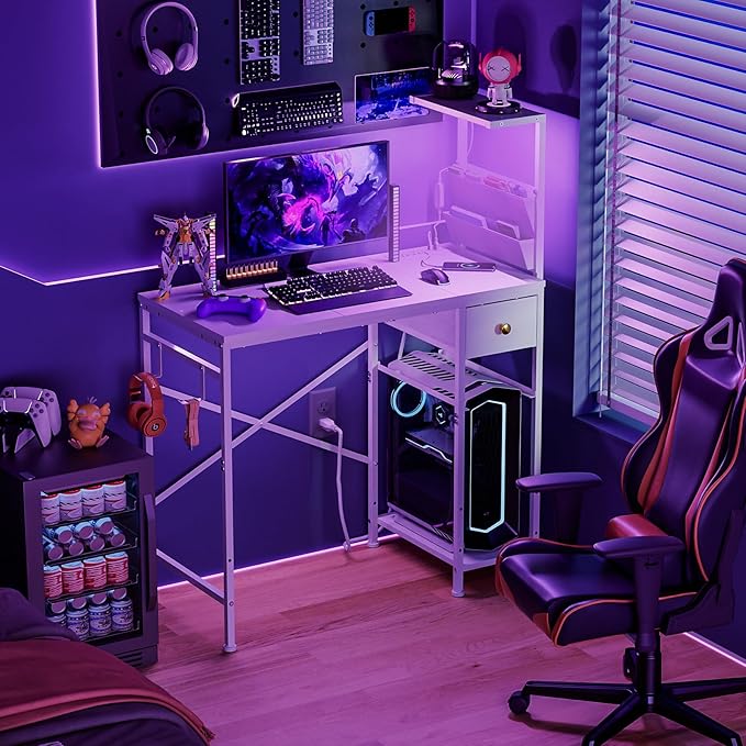 33.7 Computer Desk with Power Outlets LED Lights &amp Drawer Small Office Desk with Storage Bag &amp Hooks Gaming Desk for Bedrooms or Home Office Compact Study Desk for Small SpacesWhite