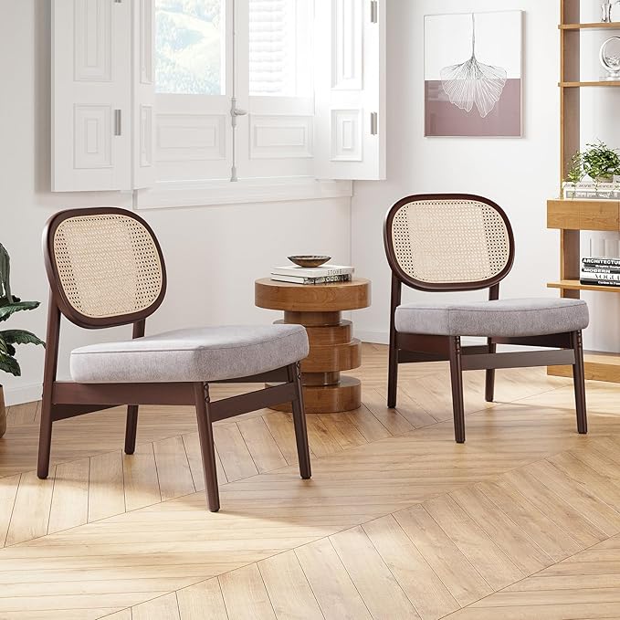Farini Rattan Accent Chair Upholstered Living Room Chair with Rattan Back &amp Wood Frame Mid-Century Modern Reading Chair for Living Room Bedroom Khaki