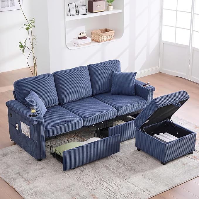 76.8 L-Shaped Sleeper Sofa with Storage Ottoman USB Ports Cup Holders&ampLED Lights Side Pockets Comfy Corduroy Modern 3-Seater Small Couch Bed for Living Room with 2 Throw Pillows (Blue)