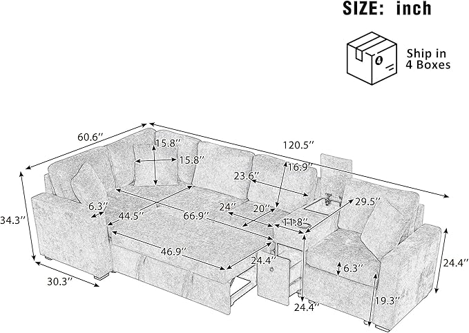 120.5 L-Shaped Convertible Sofa Bed with Pull-Out Bed Chenille Modular Sectional Sofa Reversible Sleeper with Cup Holders and Ample Storage Space for Living Room (Blue-120.5D)