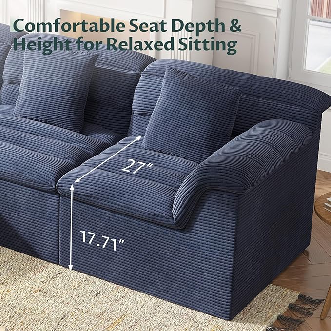 112 Boneless Sectional Couches for Living Room Modular Cloud Sectional Sofa with Ottoman Deep Seat Compressed Couch Bed Modern Upholstered L-Shape Corduroy Sofa No Assembly Required Blue