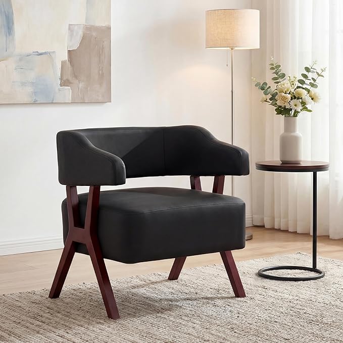 STHOUYN Leather Accent Chairs Barrel Chair with Solid Wood Frame Mid-Century Modern Wooden Armchair with Wraparound Back Comfy Office Reading Chair for Living Room Bedroom (1 Black)