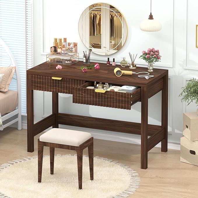 Fluted Computer Desk with 2 Drawers 39 Inch Small Computer Desk with Storage Compact Writing Study Desk for Small Spaces Walnut