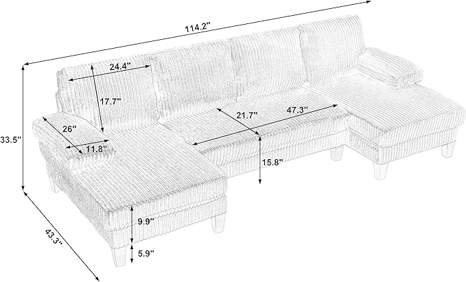 114.2 Beige Sectional Couches for Living Room U Shaped Couch with Double Chaise Modern Comfortable Plush Corduroy 4-Seat Cloud Sofa Set with Chenille Fabric for Home Furniture (Green)