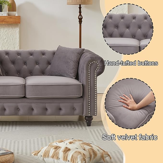 63.5 Velvet Oversize Chesterfield Grey Loveseat Sofa Rolled Arms Modern Sofa with Button Design and 2 Cushions for Living Room (Grey 63.5 Loveseat Sofa)