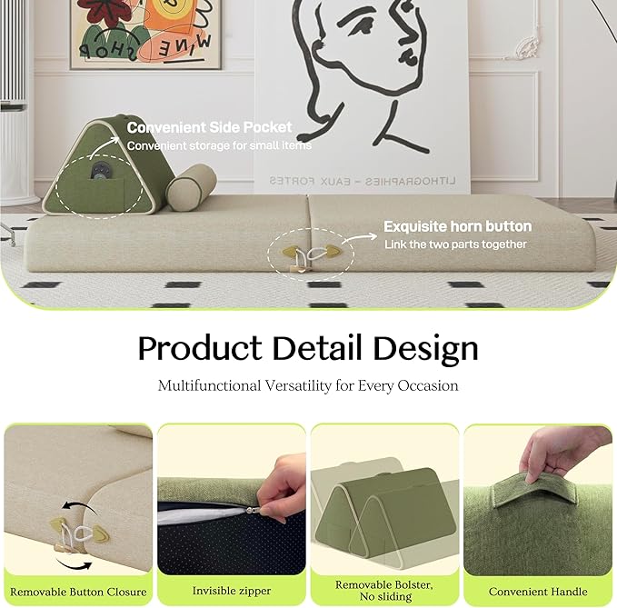 Daneey Convertible Folding Sofa Bed Foldable Floor Sofa Bed with Back Support Pillow Folding Chair Bed Floor Mattress for Adults Soft Sofa Bed Floor Sofa Chair with 2 Bolster Pillow Washable Cover