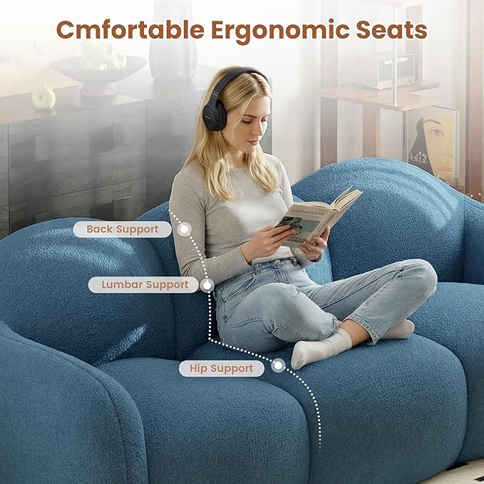 90.55 Inches 3-Seater Sofa Couch Modern Teddy Plush Boneless Sofa in a Box Soft Couches for Living Room Apartment No Assembly for Small Spaces Blue