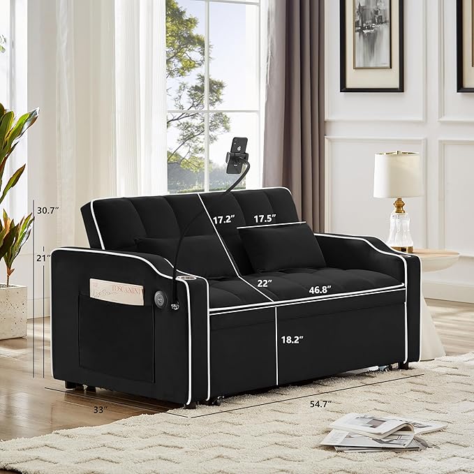 SLEERWAY 3-in-1 Convertible Futon Sofa Bed Chair Multi-Functional Sleeper Chair Bed with Pull Out Couch and Adjustable Backrest Modern Velvet Chaise Lounge Loveseat for Living Room BedroomBlack
