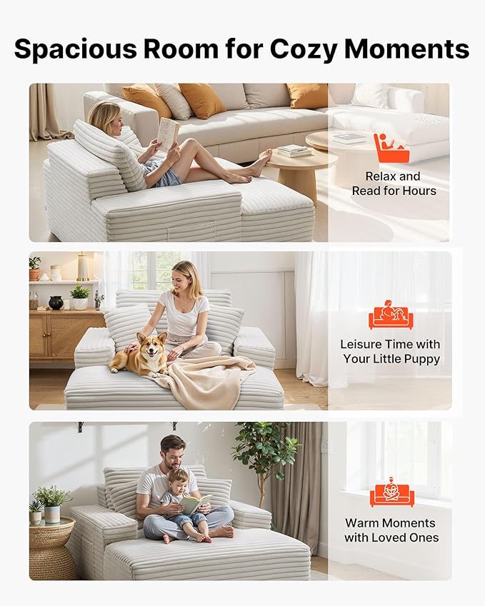 VEVOR Oversized Chaise Lounge Chair 54 Boneless Chaise Lounge Indoor Modern Upholstered Reading Chair with Throw Pillows &amp Armrests Sofa Couch Deep Seat Sleeper for Living Room Bedroom Beige